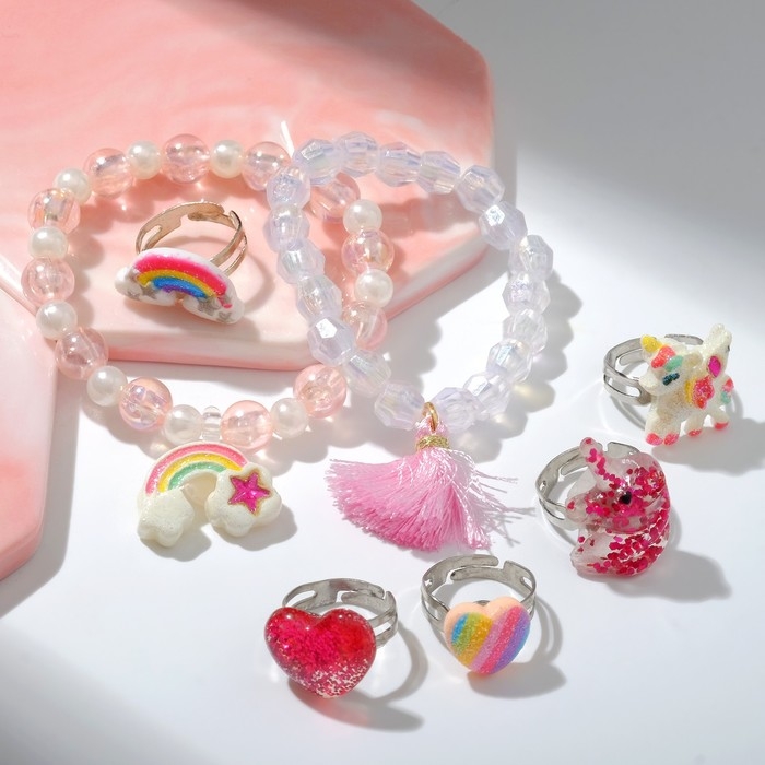 Набор детский «Выбражулька» 7 предметов: 2 браслета, 5 колец, радуга, форма МИКС, цветной Набор детский «Выбражулька» 7 предметов: 2 браслета, 5 колец, радуга, форма МИКС, цветной