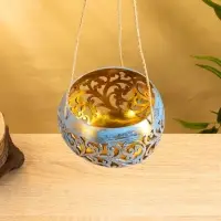 Подсвечник подвесной из кокоса, 14×14×10 см, голубой-золотой