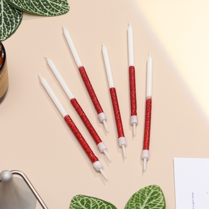 Свечи для торта Свечи для торта "Блестящее сияние", 6 шт, белые с красным