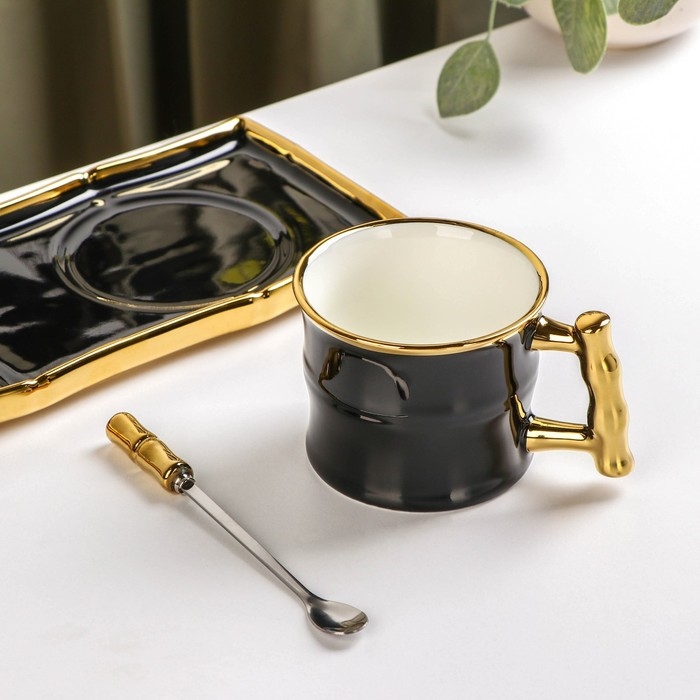Чайная пара керамическая с ложкой «Сладкая вата», 2 предмета: кружка 200 мл, блюдце 24×11 см, цвет чёрный Чайная пара керамическая с ложкой «Сладкая вата», 2 предмета: кружка 200 мл, блюдце 24×11 см, цвет чёрный