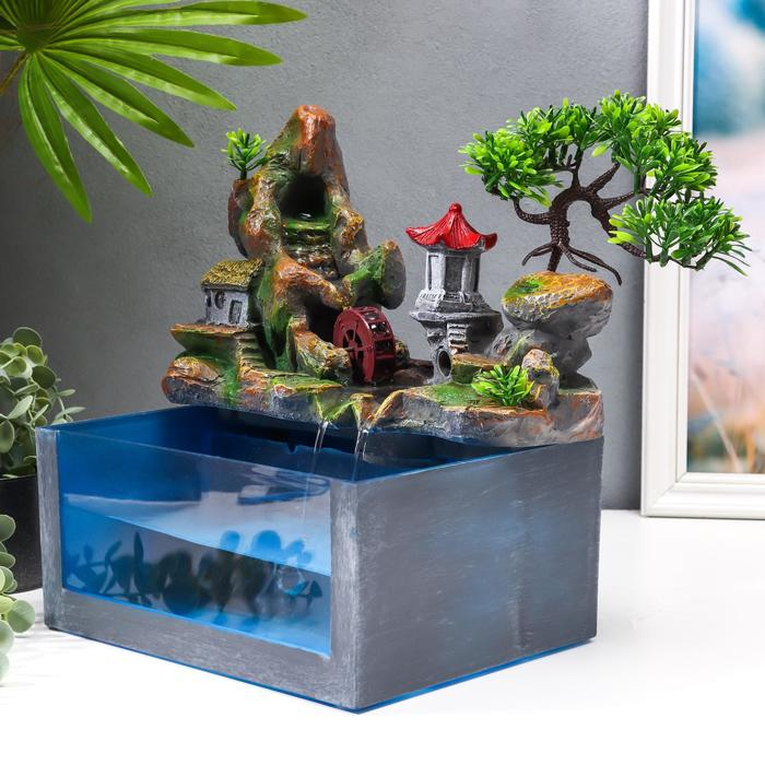 Фонтан настольный от сети, подсветка + аквариум "Пагода на вершине" 32х21х30 см