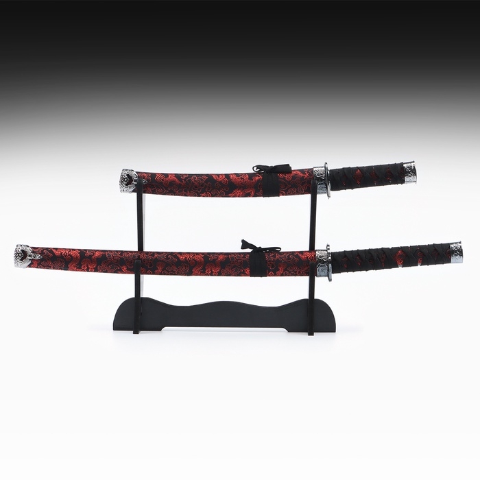 Сув. изделие катаны 2в1 на подставке, ножны кожзам,красный дракон на черном 47/70см