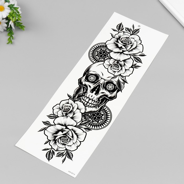 Татуировка на тело черная Татуировка на тело черная "Череп в цветах" 48х17 см