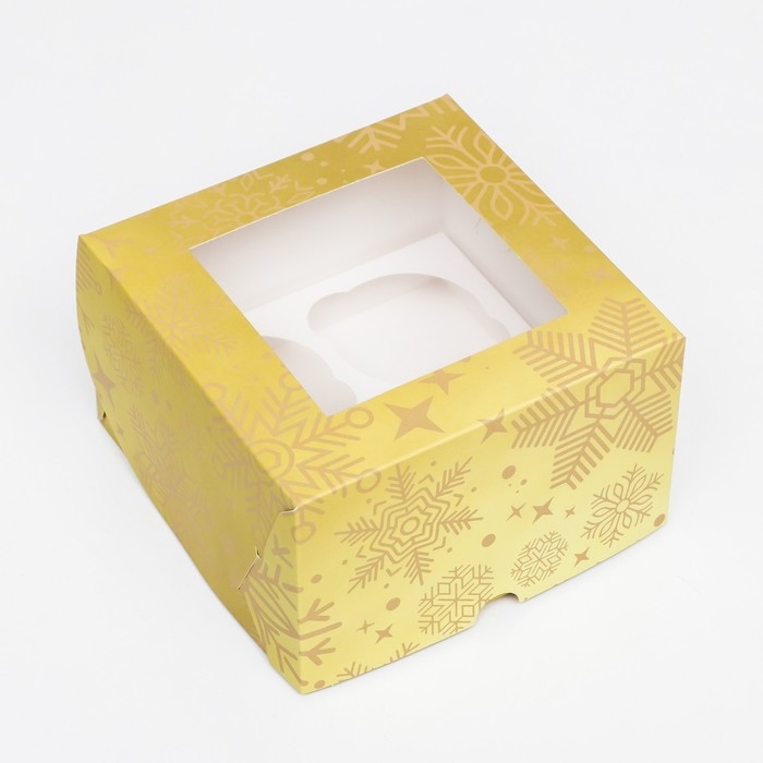 Новый год. Коробка для 4 капкейка с окном  Новый год. Коробка для 4 капкейка с окном "Новогодний градиент", 16 х 16 х 10 см, упаковка