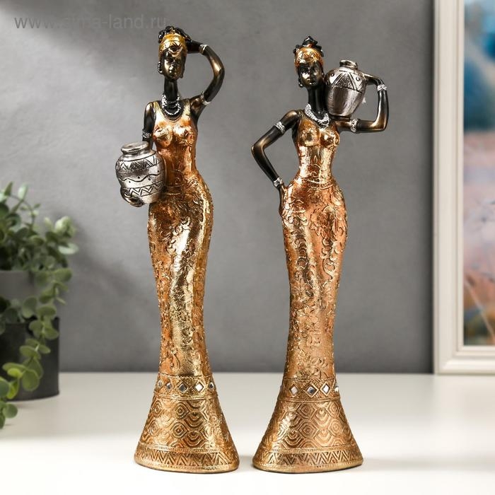 Сувенир полистоун  Сувенир полистоун "Африканка с кувшином, в платье с золотыми цветами" МИКС 30х8х5,8 см