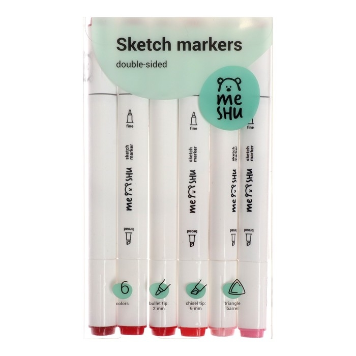 Маркеры для скетчинга двусторонние MESHU, 6 цветов (розовые цвета) Маркеры для скетчинга двусторонние MESHU, 6 цветов (розовые цвета)