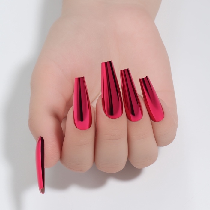 Накладные ногти, 12 шт, с клеевыми пластинами, форма балерина, матовый/хромированный, цвет бордовый/красный Накладные ногти, 12 шт, с клеевыми пластинами, форма балерина, матовый/хромированный, цвет бордовый/красный