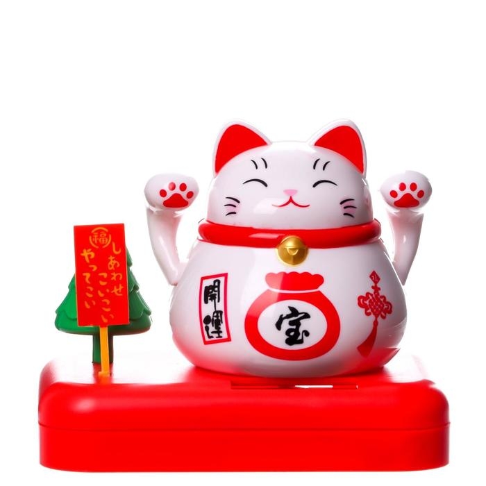 Маятник пластик от солн.батареи Маятник пластик от солн.батареи "Кот Манэки-нэко с деревом и мешком золота" белый 8х10х6 см 501832