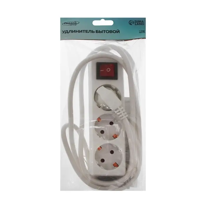 Удлинитель Luazon Lighting, 3 розетки, 1.8 м, 10 А, 2200 Вт, 3&times;1.5 мм2, с заземлением, с выключателем, белый