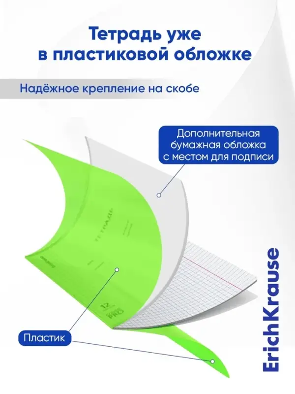 Тетрадь 12 листов, ErichKrause &laquo;Классика CoverPro Neon&raquo;, в клетку, пластиковая обложка, блок офсет, 100% белизна, зеленая