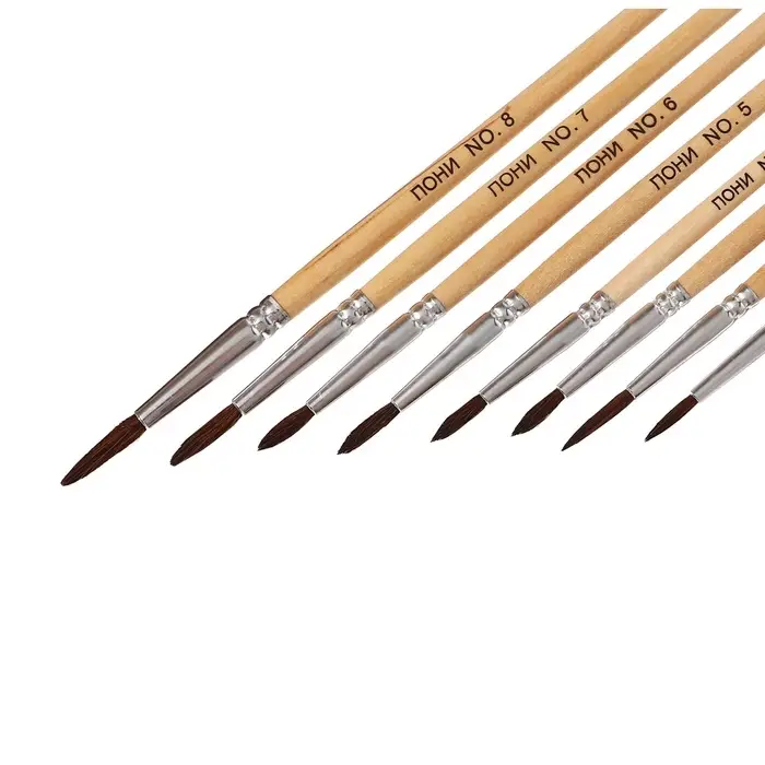 Кисти для рисования, пони - синтетика, 8 штук: №1, 2, 3, 4, 5, 6, 7, 8, Calligrata, круглые, деревянная ручка, международный размер