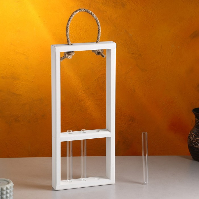 Кашпо деревянное 18×5×40 см с 3 колбами 15 см "Рамка Экстра", ручка, белый Дарим Красиво