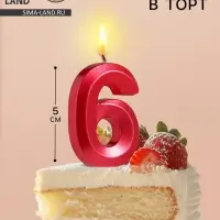 Свеча в торт на шпажке &laquo;Цифра 6&raquo;, красная, 5 см