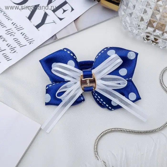 Резинка для волос бант «Школьница», горох, 7 см, бело-синяя