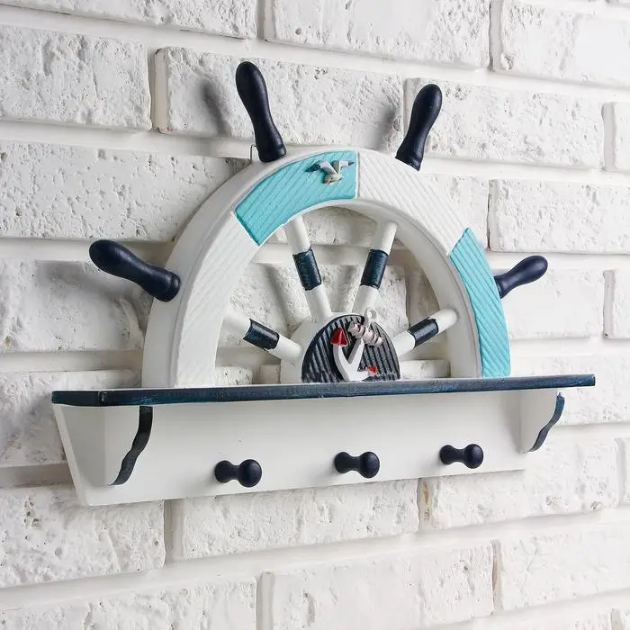 Вешалка настенная &laquo;Штурвал&raquo;, крючки декоративные, 3 крючка на панно, бело-синяя, 45&times;28&times;5 см