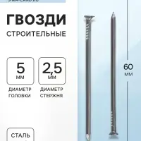 Гвозди ТУНДРА, строительные, ГОСТ 4028-63, без покрытия, 2.5&times;60 мм, 25 кг
