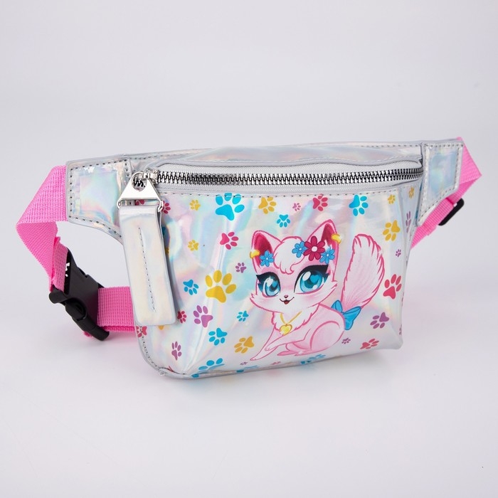 Сумка детская поясная «Котёнок» на молнии, серебристая