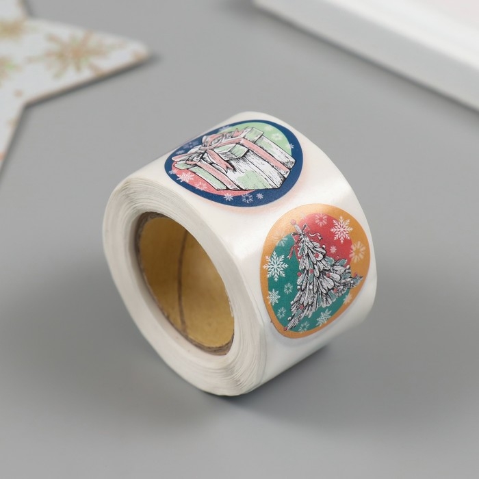 Наклейка бумага Наклейка бумага "Нарисованный Новый год" d=2,5 см 252 шт в рулоне