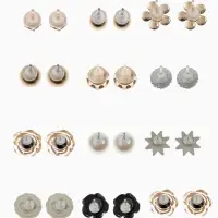 Серьги пусеты 12 пар One year, романтика, бело-серые в золоте