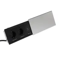 Блок розеточный в стол, сдвижная крышка, 10 А, 2 розетки, 2xUSB, 2A, провод 1.8 м, серебристый