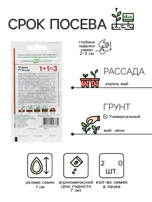 Семена Огурец &laquo;Егоза&raquo;, F1, &laquo;1+1&raquo;, 20 шт., &laquo;Гавриш&raquo;