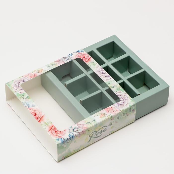 Коробка под 9 конфет с обечайкой  Коробка под 9 конфет с обечайкой "Rose" с окном, 14,5 х 14,5 х 3,5 см