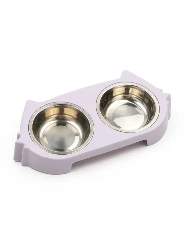 Миска двойная &laquo;Кот&raquo;, 2&times;160 мл, 30.5&times;14.9&times;5.4 см, на пластиковом основании, металл, лавандовая