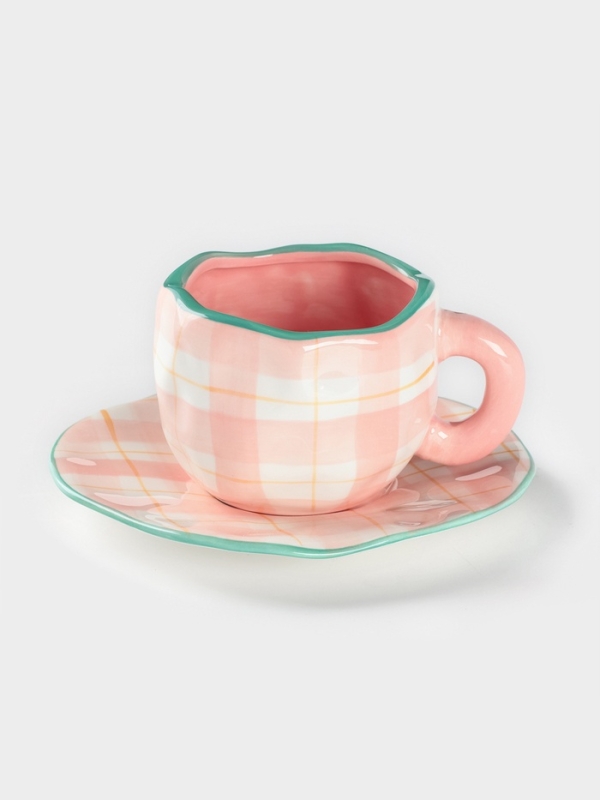 Чайная пара Доляна «Розовая клетка», чашка 220 мл, блюдце d=16 см, ручная роспись, керамика, белая Чайная пара Доляна «Розовая клетка», чашка 220 мл, блюдце d=16 см, ручная роспись, керамика, белая