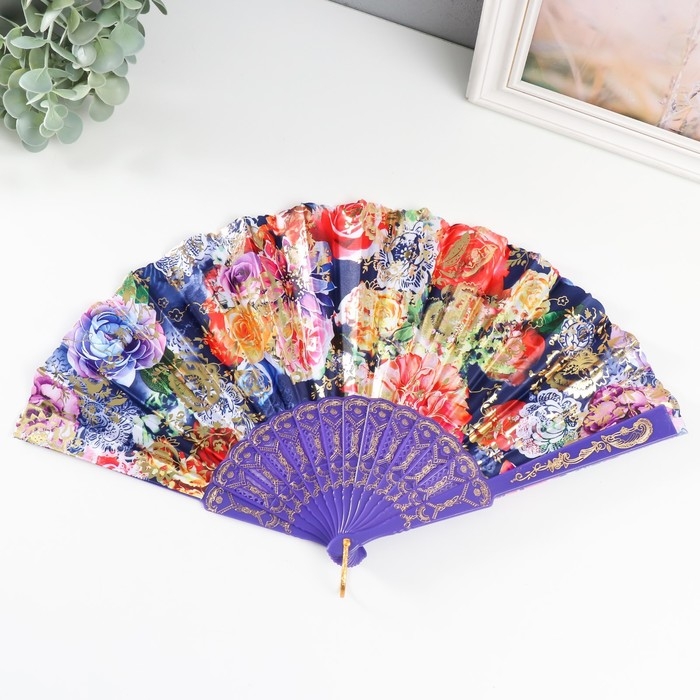 Веер пластик изгиб  Веер пластик изгиб "Цветочница" золото МИКС 23 см