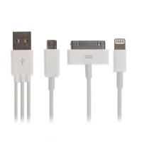 Кабель 3 в 1 Luazon, microUSB/Lightning/iPhone 30-pin - USB, 1 А, 0.2 м, белый