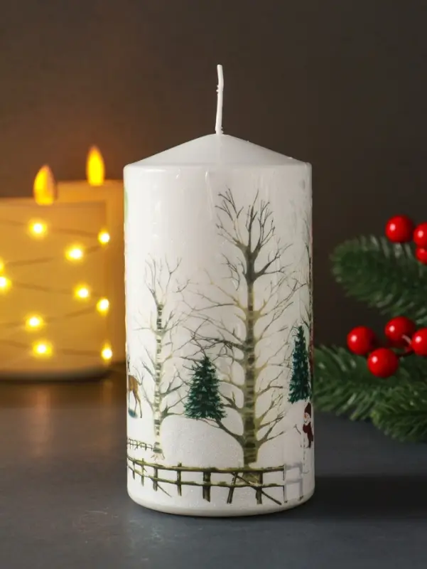 Свеча столб 70х140мм с декором, Дед мороз Свеча столб 70х140мм с декором, Дед мороз