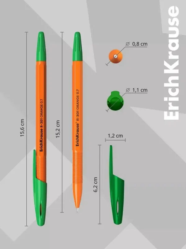 Ручка шариковая ErichKrause. R=301 Orange Stick, зелёный стержень, узел 0.7 мм