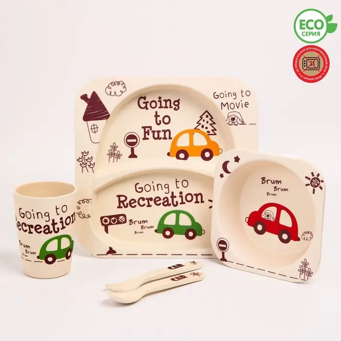 Детская посуда из бамбука в наборе &laquo;Машинки&raquo;, тарелка, миска, стакан, приборы, 5 предметов