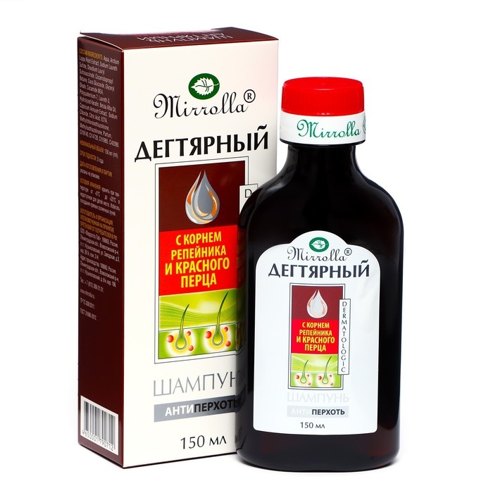 Шампунь Mirrolla дегтярный  Шампунь Mirrolla дегтярный "Красный перец и экстракт репейного корня",150 мл