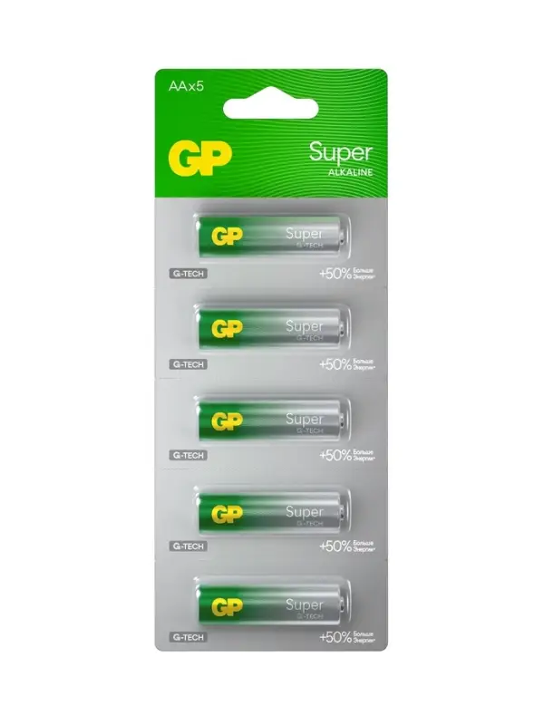 Батарейка алкалиновая GP Super, AA, LR6-5BL, 1.5 В, технология G-Tech, блистер, 5 шт.