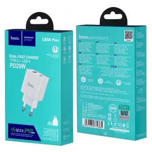 Переходник сетевого зарядного устройства на Type-C PD20W + USB QC3.0 C80A Plus HOCO белый
