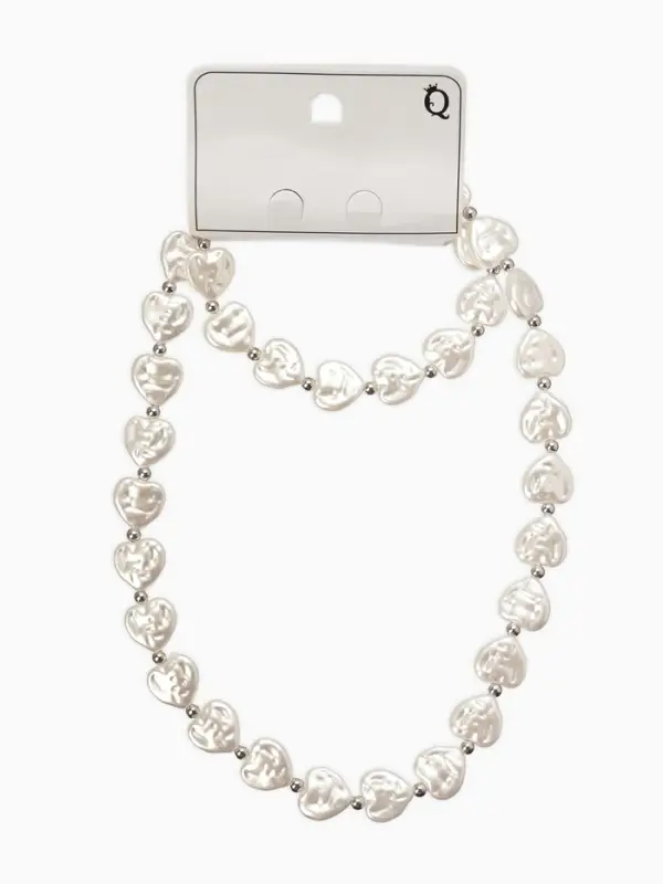 Набор 2 пред-та: бусы,браслет "Жемчуг барочный", сердечки, 40/18см, цвет белый в серебре