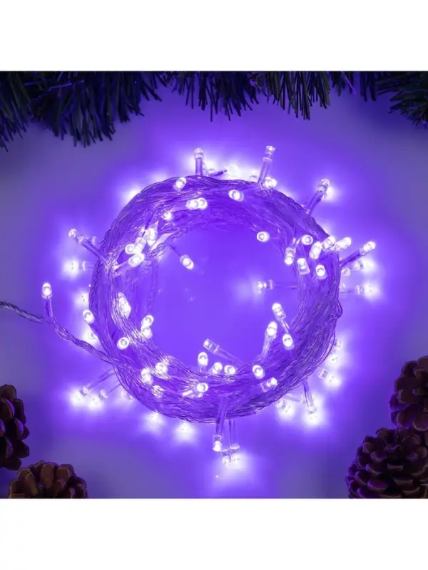 Гирлянда &laquo;Нить&raquo; 10 м, IP20, прозрачная нить, 100 LED, 8 режимов, 220 В, свечение фиолетовое