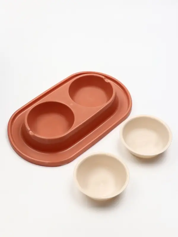 Миска двойная для животных &laquo;Мур-мяу&raquo;, 300 мл, на подставке, пластик, цвет кирпичный