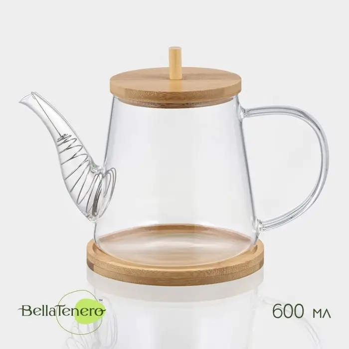 Заварочный чайник BellaTenero &laquo;Бамбук&raquo;, 600 мл, 19&times;11.3&times;12.2 см, с бамбуковой крышкой, металлический фильтр, стекло