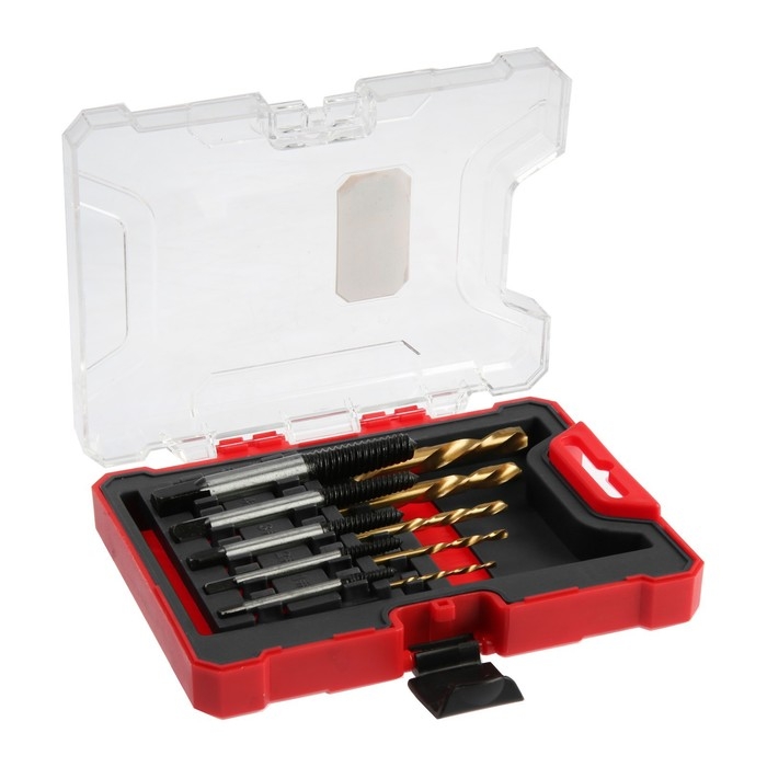 Набор экстракторов и сверл ТУНДРА, левая резьба, 45 сталь М1-М5, d=2.4-8 мм HSS, TIN Набор экстракторов и сверл ТУНДРА, левая резьба, 45 сталь М1-М5, d=2.4-8 мм HSS, TIN