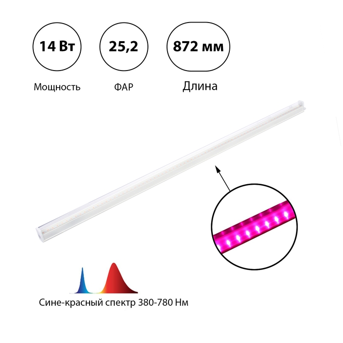 Фитосветильник светодиодный, 14 Вт, 872 мм, IP20, сине-красный спектр, фиолетовый, FITO-14W-Т5-N, «ЭРА» Фитосветильник светодиодный, 14 Вт, 872 мм, IP20, сине-красный спектр, фиолетовый, FITO-14W-Т5-N, «ЭРА»