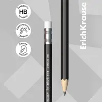 Карандаш чернографитный с ластиком Erich Krause «Jet Black 101», HB, грифель d=2.2 мм, дерево, шестигранный в тубусе, чёрный корпус