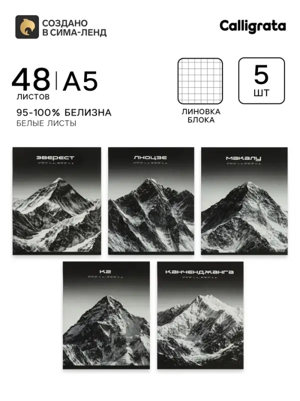 Тетрадь 5 штук, 48 листов в клетку Calligrata Горы, блок офсет, 5 видов