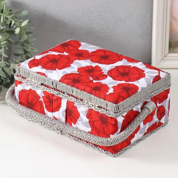Шкатулка для рукоделия и шитья &laquo;Красные маки на белом&raquo;, хранение ниток, иголок, мелочи, 24&times;16&times;11 см