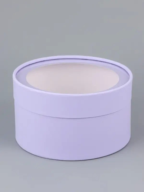 Подарочная коробка круглая бледно-фиолетовая, завальцованная с окном, 18&times;10 см