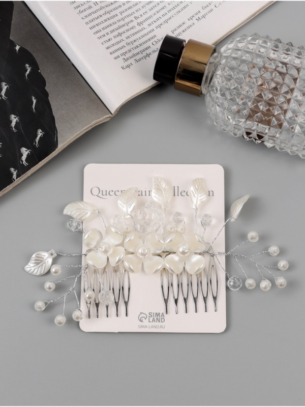 Гребень для волос Гребень для волос "Эмилия" цветы листочки, 11х6,5 см, белый