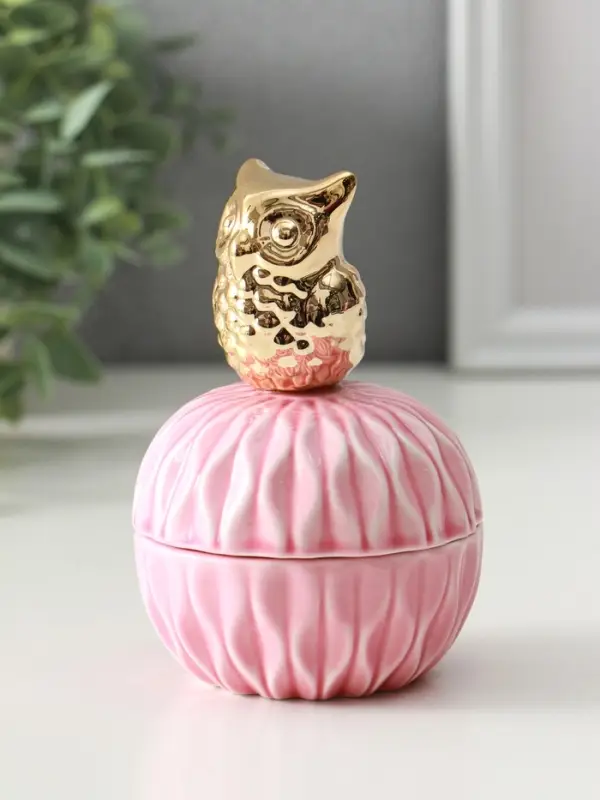 Шкатулка для украшений с крышкой &laquo;Золотой филин&raquo;, керамика, розовая, 8&times;8&times;12 см