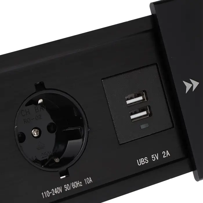 Блок розеточный в стол, сдвижная крышка, 10 А, 2 розетки, 2xUSB, 2A, провод 1.8 м, чёрный