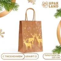 Пакет крафт с золотым тиснением, круглая ручка, «Новый год» 15×21×8 см, 120 г